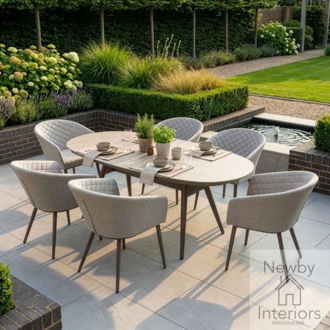 FB-DN-AMB-6SOV-SS-LAT - Maze Outdoor Fabric Ambition 6 Seat Oval Dining Set Cafe Frame & Latte Cushions