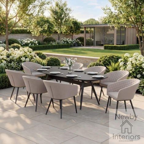 Maze Ambition Outdoor Fabric 8 Seat Oval Dining Set Oatmeal Cushions Grey Frame 