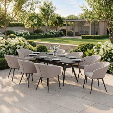 Maze Ambition Outdoor Fabric 8 Seat Oval Dining Set Oatmeal Cushions Grey Frame 