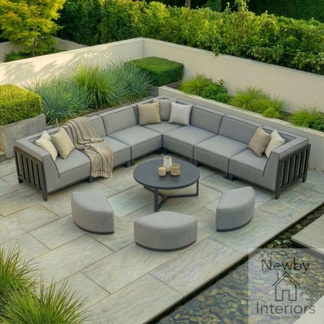 Maze Ibiza Outdoor Fabric Large Corner Sofa Set Round Coffee Table 3 Footstools Zinc Grey Cushions Grey Frame