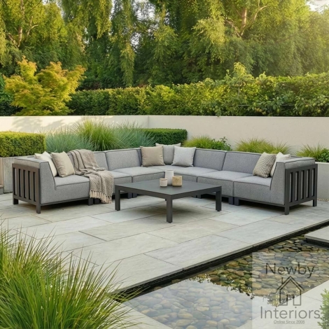 Maze Ibiza Outdoor Fabric Large Corner Sofa Set Square Coffee Table Zinc Grey Cushions Grey Frame