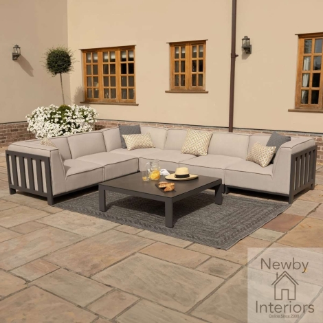Maze Ibiza Outdoor Fabric Medium Corner Sofa Set Square Coffee Table Oatmeal Cushions Grey Frame
