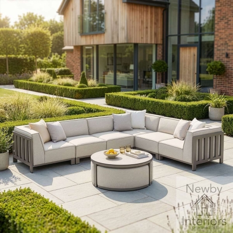 Maze Outdoor Fabric Ibiza Medium Corner Sofa Set with Round Coffee Table & 3 Footstools Cafe Frame & Latte Cushions
