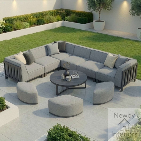 Maze Ibiza Outdoor Fabric Medium Corner Sofa Set Round Coffee Table 3 Footstools Zinc Grey Cushions Grey Frame