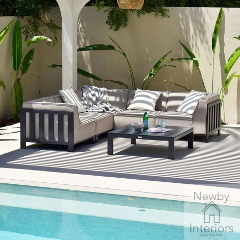 Maze Ibiza Outdoor Fabric Small Corner Sofa Set Square Coffee Table Oatmeal Cushions Grey Frame