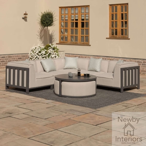 Maze Ibiza Outdoor Fabric Small Corner Sofa Set Round Coffee Table 3 Footstools Oatmeal Cushions Grey Frame