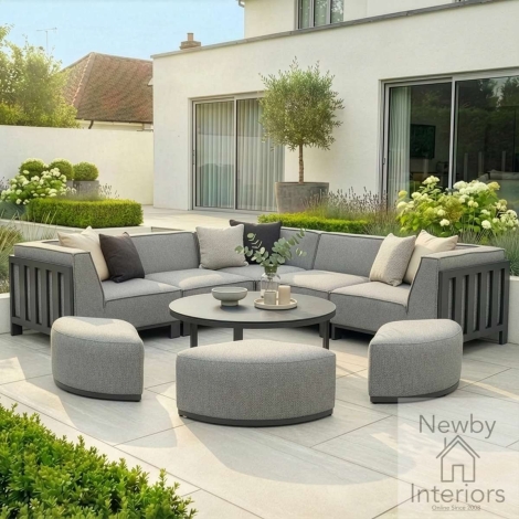 Maze Ibiza Outdoor Fabric Small Corner Sofa Set Round Coffee Table 3 Footstools Zinc Grey Cushions Grey Frame