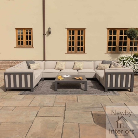Maze Ibiza Outdoor Fabric U Shape Sofa Set with Round Coffee Table & 3 Footstools Oatmeal with Grey Frame