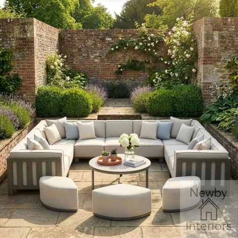 Maze Outdoor Fabric Ibiza U Shape Sofa Set with Round Coffee Table & 3 Footstools Cafe Frame & Latte Cushions