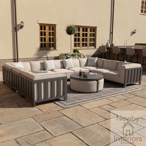 Maze Outdoor Fabric Ibiza U Shape Sofa Set Round Coffee Table & 3 Footstools Oatmeal with Grey Frame