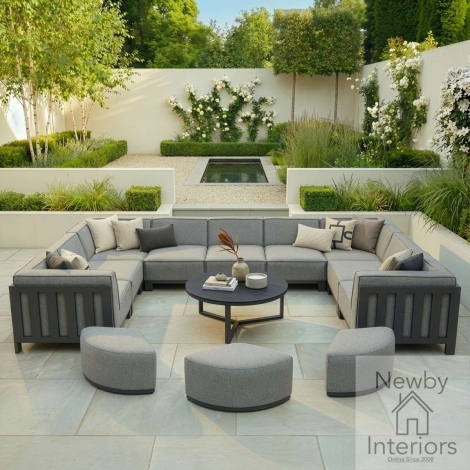 Maze Outdoor Fabric Ibiza U Shape Sofa Set with Round Coffee Table & 3 Footstools Zinc Grey