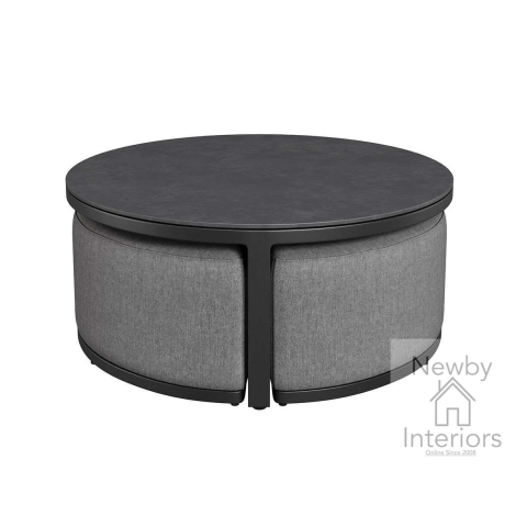FB-MAZE-CT3FS-FL - Maze Outdoor Fabric Round Coffee Table with 3 Footstools Flanelle with Grey Frame