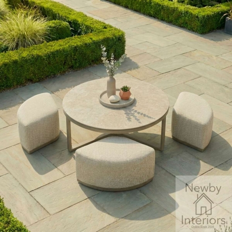 FB-MAZE-CT3FS-LAT - Maze Outdoor Fabric Round Coffee Table with 3 Footstools Latte