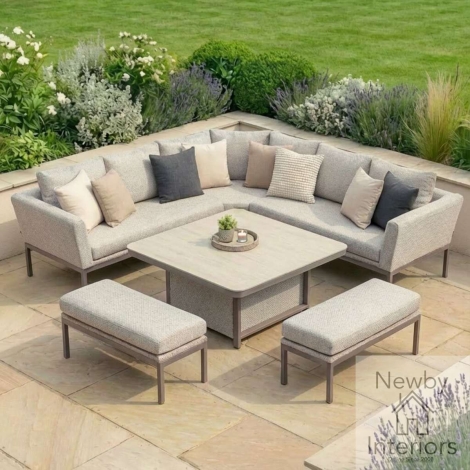 FB-PUL-DSQCD-LAT - Maze Pulse Outdoor Fabric Deluxe Square Corner Dining Set with Rising Table Latte & Cafe Frame