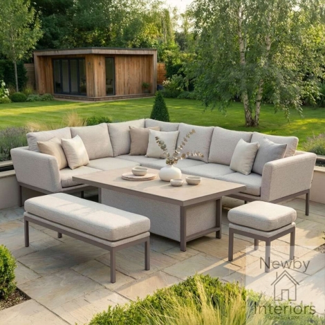 FB-PUL-RCD-LAT - Maze Pulse Outdoor Fabric Rectangular Corner Dining Set with Rising Table Latte Cushion & Cafe Frame