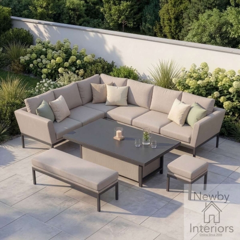 FB-PUL-RCD-OT - Maze Pulse Outdoor Fabric Rectangular Corner Dining Set with Rising Table Oatmeal with Grey Frame