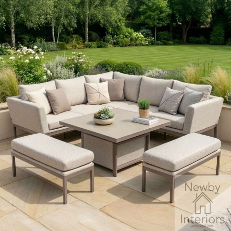 FB-PUL-SQCD-LAT - Maze Pulse Outdoor Fabric Square Corner Dining Set with Rising Table Latte Cushion & Cafe Frame