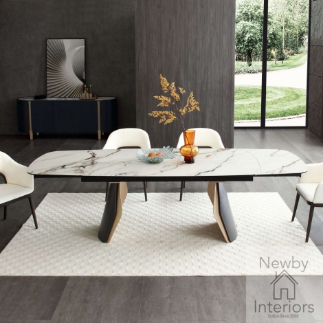 Fidenza Matt Ceramic Side Extending Dining Table 180‚Äì260cm Rectangular Calacatta Verde Top Gold Black Base