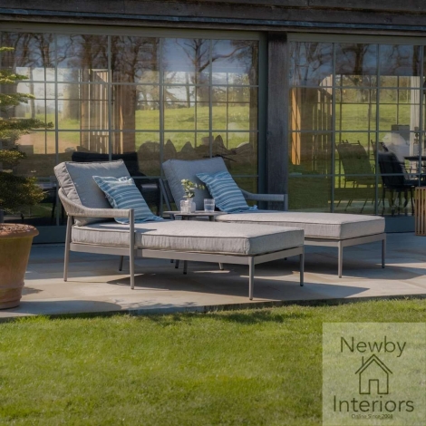 Maze Florence Rope Weave Double Sunloungers with Round Coffee Table Cool Linen Fabric Dawn Grey Frame