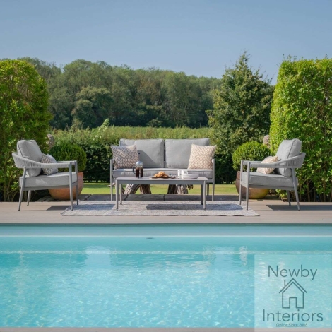 Maze Florence Outdoor Rope Weave 2 Seat Sofa Set Rectangular Coffee Table Cool Linen Cushions