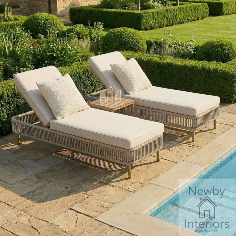 Maze Havana Rope Weave Sunlounger Set Natural linen with Wood Effect Frame