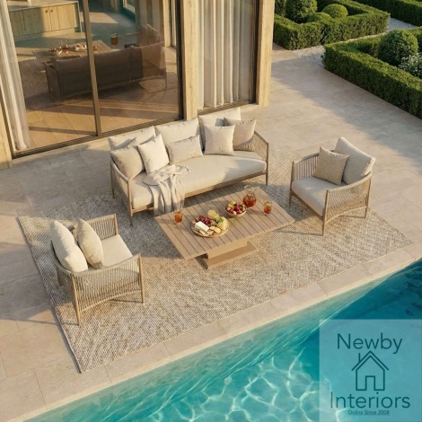 Maze Havana Rope Weave 3 Seat Sofa Dining Set with Rising Table & Footstools Natural linen with Wood Effect Frame