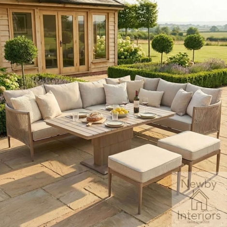 Maze Havana Rope Weave Large Corner Dining Set with Rectangular Rising Table & Footstools Natural Linen with Wood Effect Frame
