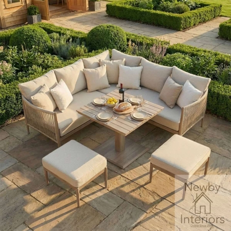 Maze Havana Rope Weave Small Corner Dining Set with Square Rising Table & Footstools Natural linen with Wood Effect Frame