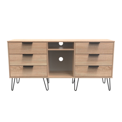 HK247-BO-C - Hong Kong - Bardolino Oak - 6 Drawer - TV Unit - Black Hairpin Legs