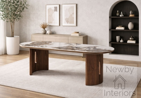 DT-297/WA - Isabella Gloss Pandora Sintered Stone Dining Table 200cm Oval Walnut Base