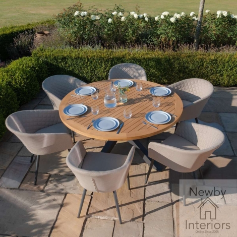 JAK-RDT-AMB-DC-OT - Maze Jakarta Teak Round Teak Dining Table with 6 Outdoor Fabric Ambition Oatmeal Dining Chairs