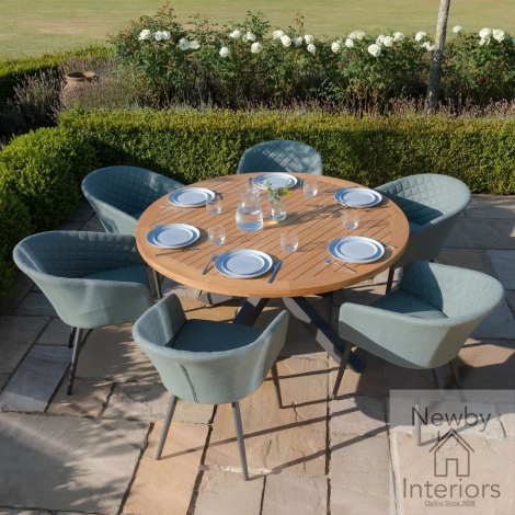 JAK-RDT-AMB-DC-SG - Maze Jakarta Teak Round Dining Table with 6 Outdoor Fabric Ambition Sage Green Dining Chairs Sage Green with Teak Table