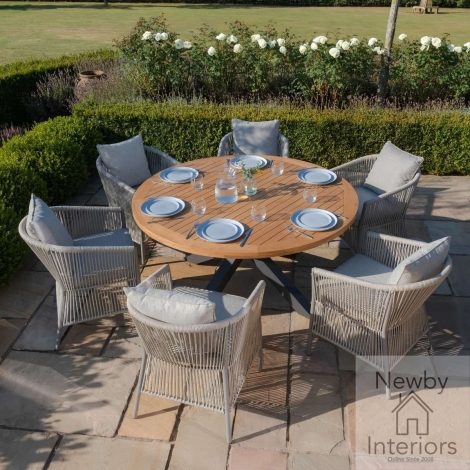 JAK-RDT-MALD-DC-CL - Maze Jakarta Teak Round Dining Table with 6 Maldives Rope Weave Dining Chairs Cool linen with Teak Table