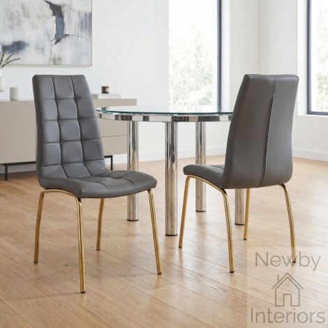 183-14-03-11-01 - Jenner Grey Leather Effect Dining Chair with Gold Frame (Pair)