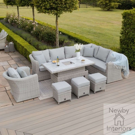 KIT-OXF-203064-R-CG - Maze Oxford Deluxe Large Grey Rattan Corner Dining Set with Rising Table & Armchair Ceramic Glass Top Light Grey Cushions