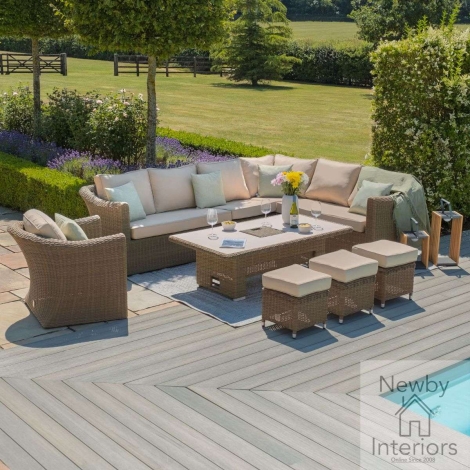 KIT-WIN-203064-R-CG - Maze Winchester Deluxe Large Brown Rattan Corner Dining Set with Rising Table & Armchair Ceramic Glass Top Beige Cushions