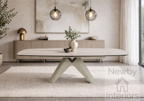 Leoni Matt Ceramic Side Extending Dining Table 180–280cm Rectangular Champagne Travertine Effect Top Champagne Base