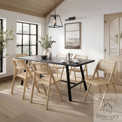 LOUBLADIN4ASHBLOCHA* - Louie Black Wooden Dining Table Set with 4 Ashton Natural Rattan Dining Chairs