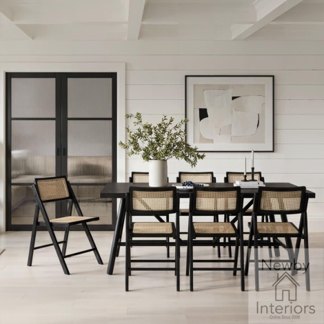 LOUBLADIN6ASHBLACHA* - Louie Black Wooden Dining Table Set with 6 Ashton Rattan Dining Chairs