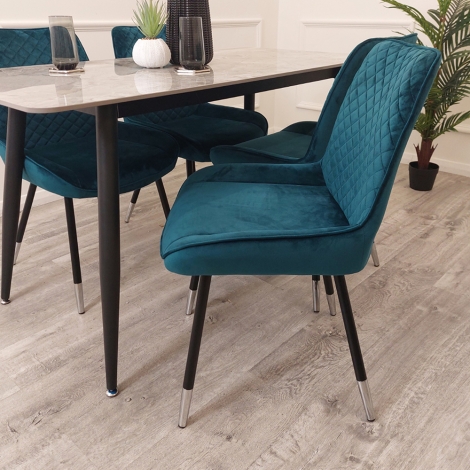 6-DC-LUNA61507-CS-TL-V - Luna - Scandinavian Style - Teal Velvet - Cross Stitch Back - Dining Chairs - Gold Tipped Black Legs - Pair