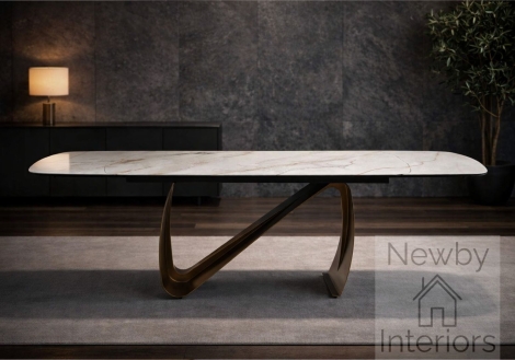 Lusso Matt Ceramic Side Extending Dining Table 180–260cm Rectangular Sunset Statuario Top Brushed Brass Base