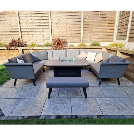 Luna - Outdoor - Grey - Fabric U Shape 10 Seater Sofa With Ceramic Glass Top Gas Fire Pit Dining Table and Bench Stool