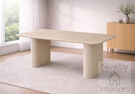 Marlow Matt Sintered Stone Dining Table 180cm Rectangular Travertine Effect Top with Cream Wooden Base