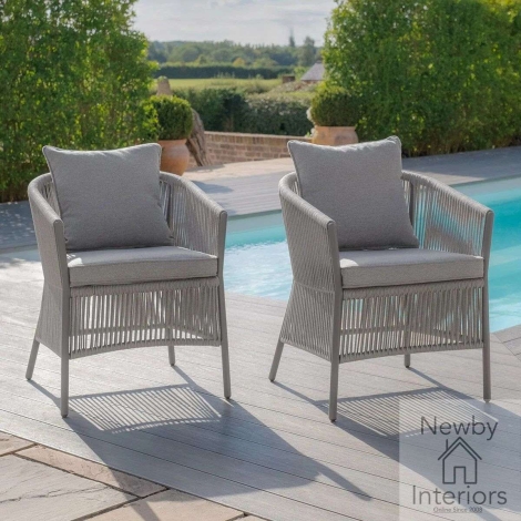 Maze Maldives Outdoor Rope Weave Pair Dining Chairs Cool Linen Cushions