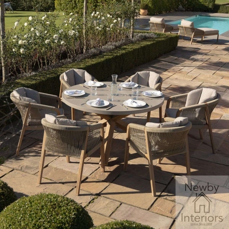 MART2-6SRDS-LB - Maze Martinique Rope Weave 6 Seat Round Dining Set Taupe with Sandstone Cushions