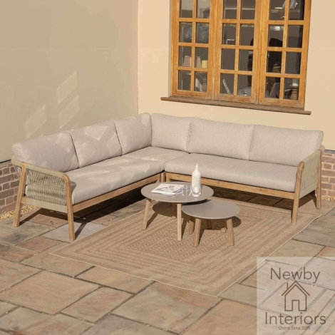 MART2-CSS-LB - Maze Martinique Rope Weave Corner Sofa Set with 2 Round Coffee Tables Taupe with Sandstone Cushions
