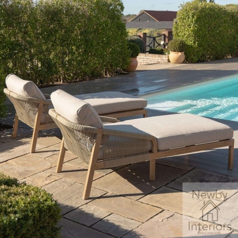 MART2-SLS-LB - Maze Martinique Rope Weave Double Sunlounger Set with Round Coffee Table Taupe with Sandstone Cushions