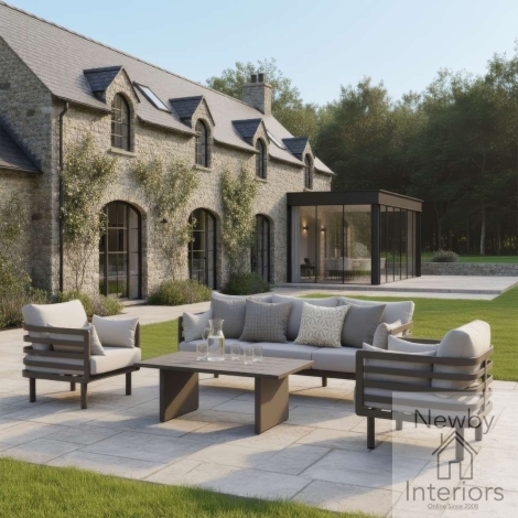 Maze Metro Aluminium 3 Seat Garden Sofa Set with Armchairs & Rectangular Coffee Table Almond & Cafe Frame