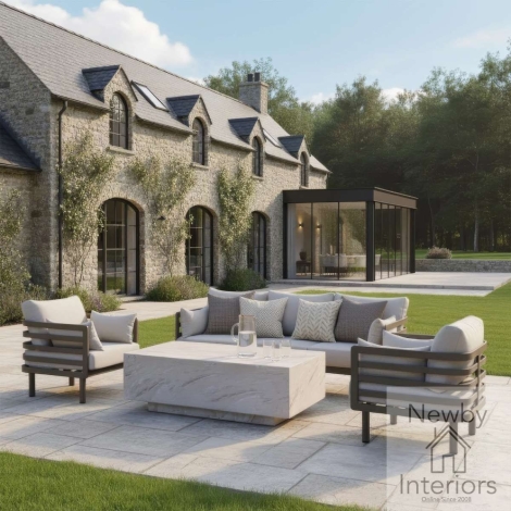 Maze Metro Aluminium 3 Seat Garden Sofa Set with Armchairs & Rectangular Coffee Table Almond & Cafe Frame