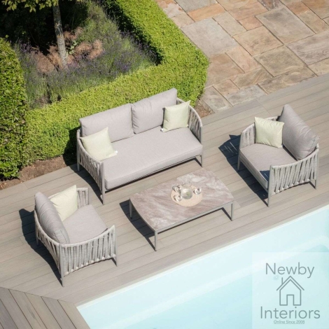 Maze Milan Outdoor 2 Seat Sofa Set Coffee Table Cool Linen Cushions